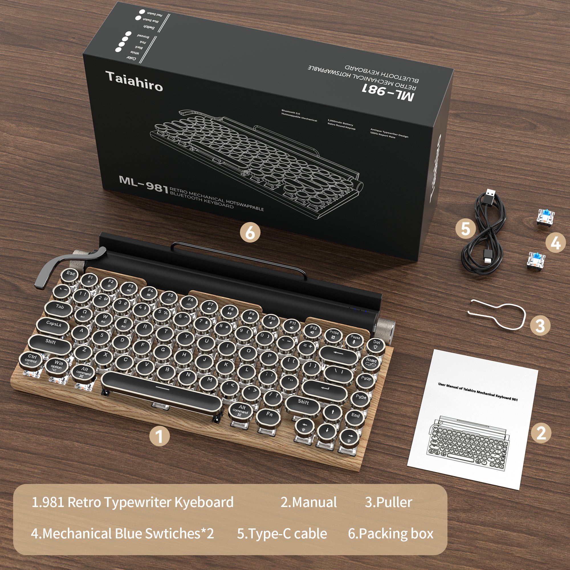 981 Retro Express Wireless, Mechanical Gaming Vintage Typewriter Keyboard